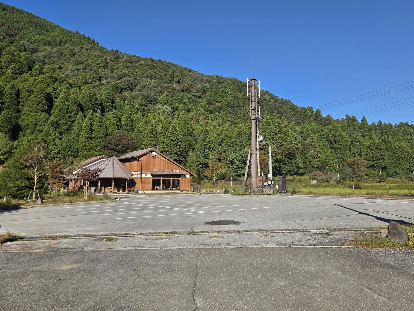 広い駐車場と、奥に見える木造の建物