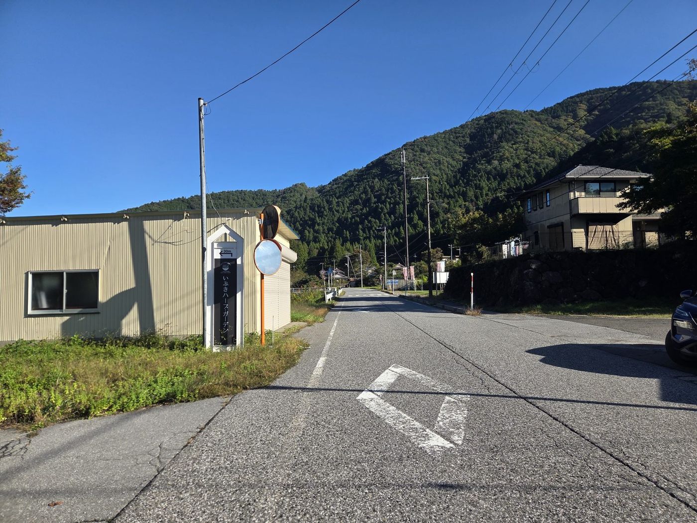 県道ぞいの「いぶきハーブ・ガーデン 30m」の矢印つき看板と、カーブミラー