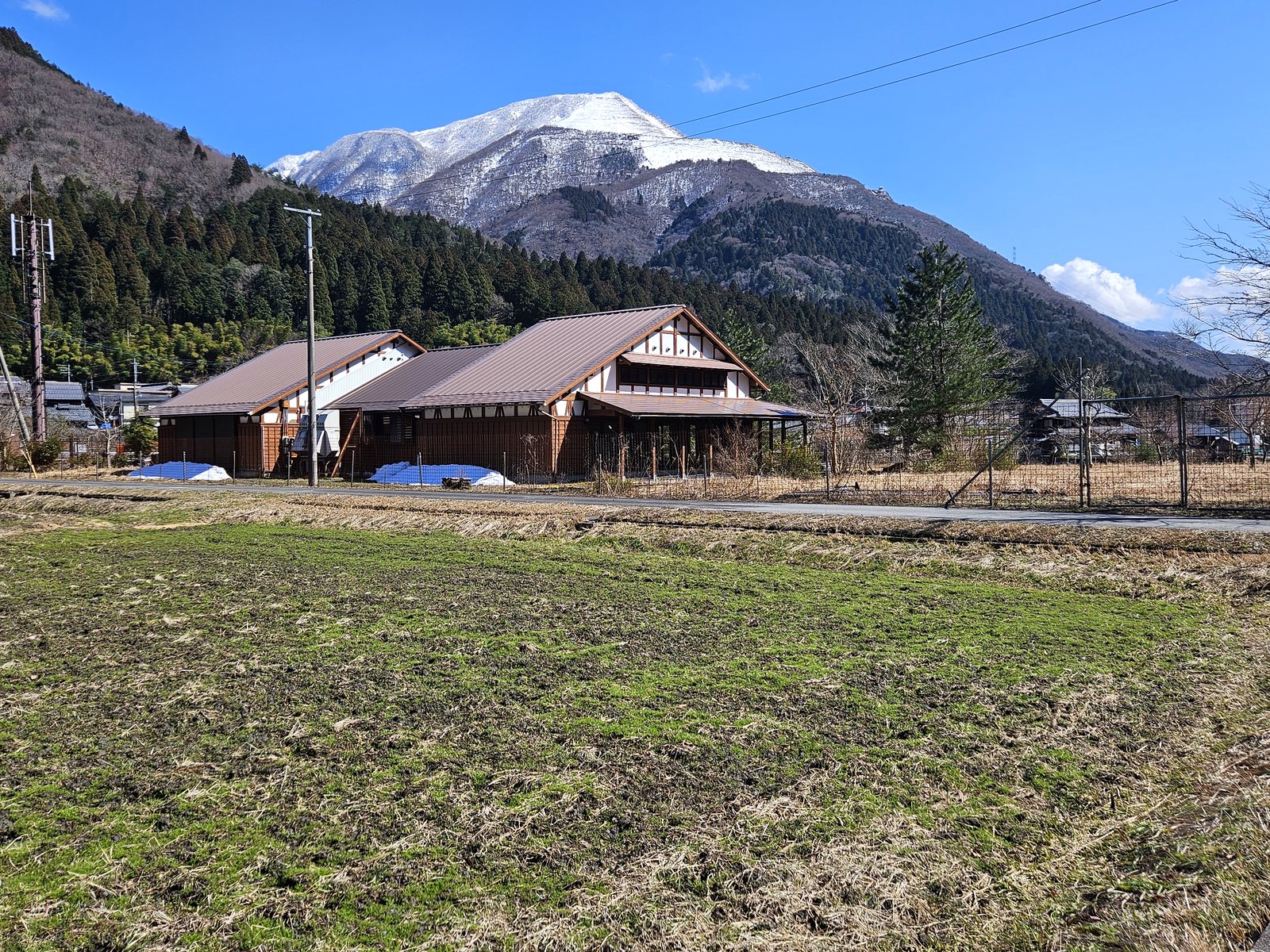 雪をかぶった伊吹山と、改装前のお店の建物（2025年3月）