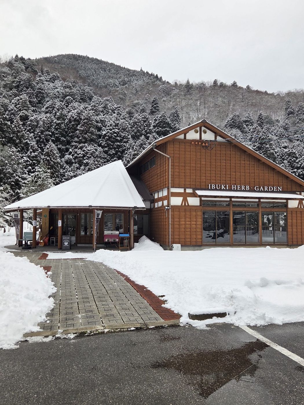 雪をかぶった店の建物